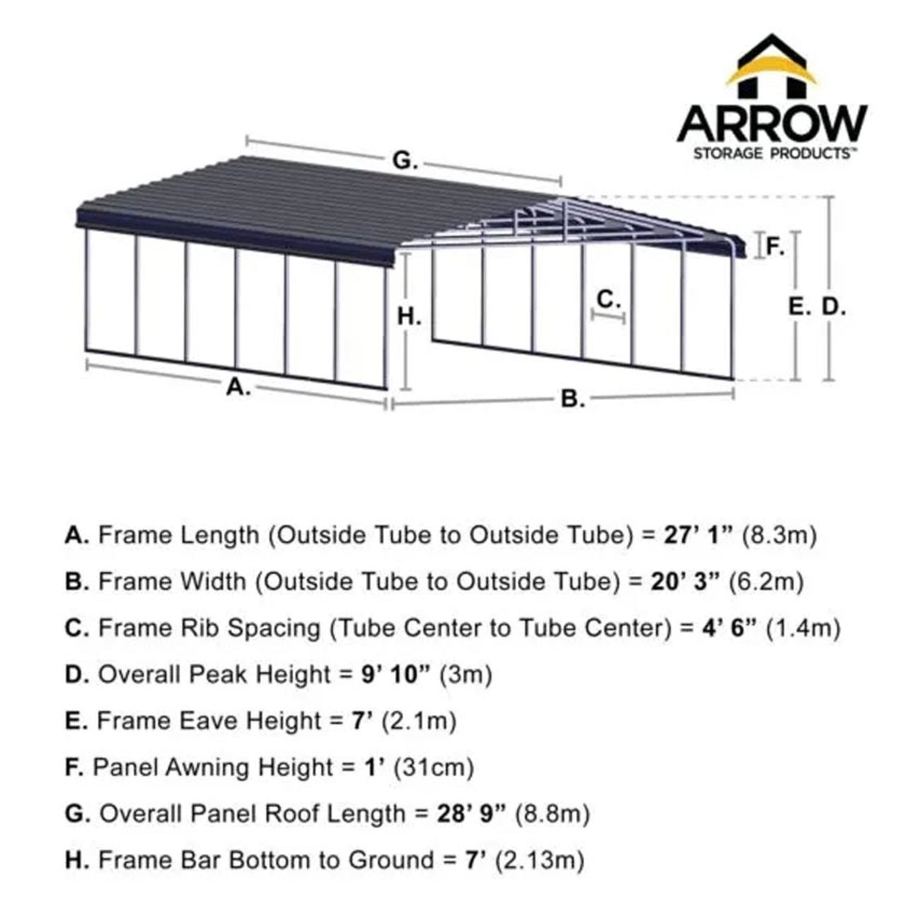 Arrow Carport 20 x 29 x 7 Ft. - Charcoal