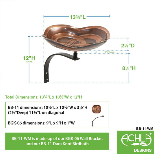 10.5" Dara Knot Copper Birdbath with Wall Mount Bracket