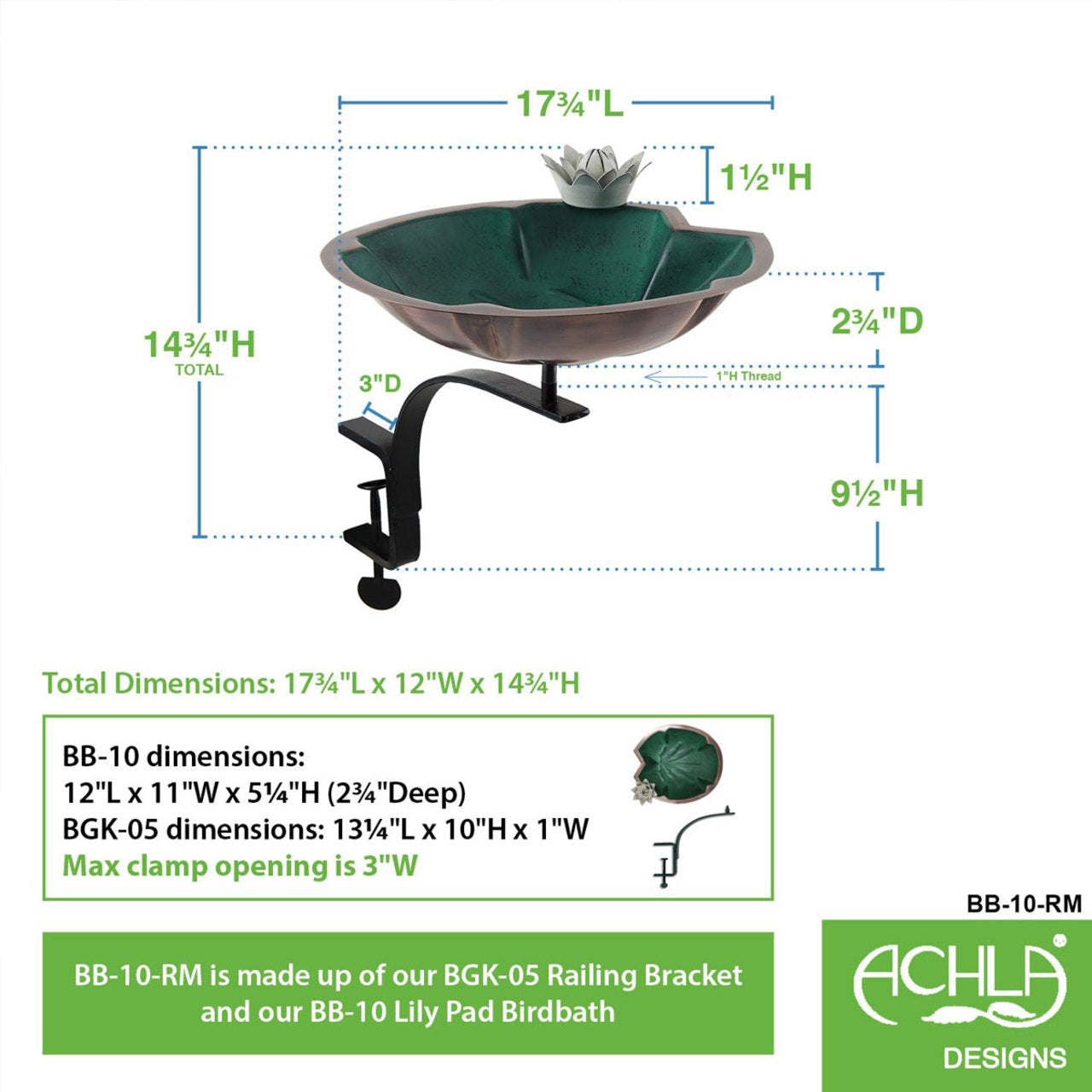 12.5" Lilypad Birdbath with Rail Mount Bracket - Green