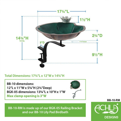 12.5" Lilypad Birdbath with Rail Mount Bracket - Green
