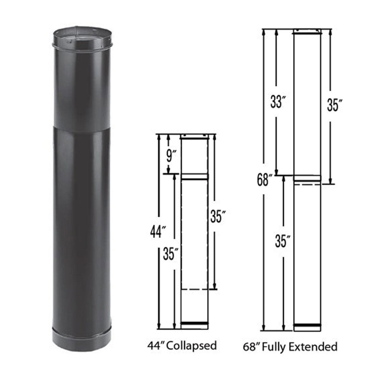 6" DuraBlack 44" - 68" Telescoping Black Stove Pipe Length - 6DBK-TL