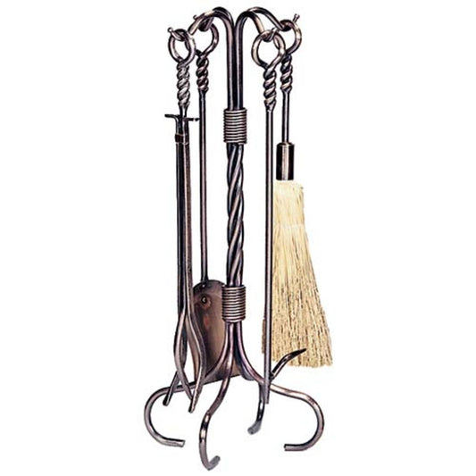 5 Piece Antique Copper Wrought Iron Fireplace Tool Set - F-1323