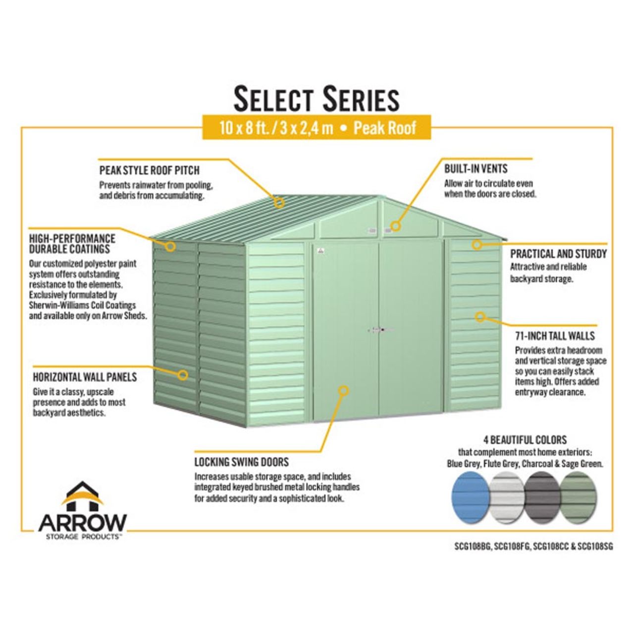 Arrow Select 10' x 8' Steel Storage Shed - Charcoal