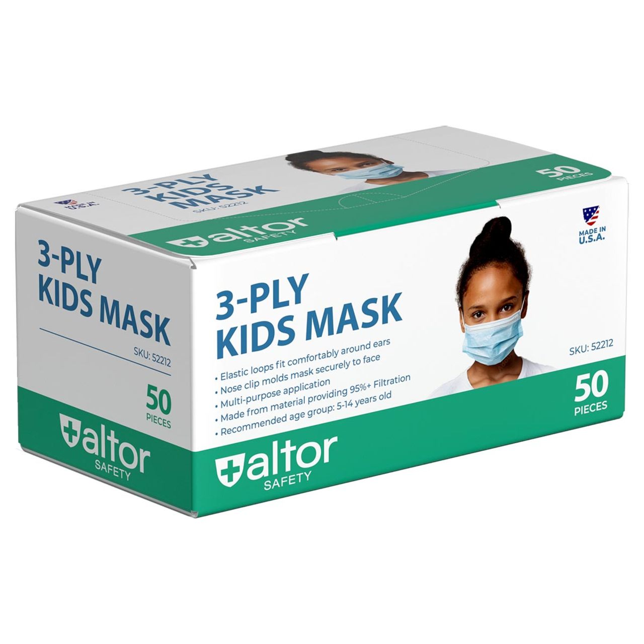 Altor Safety Kids Disposable Face Mask 52212, 3-Ply ASTM Level 2, USA Made, Blue