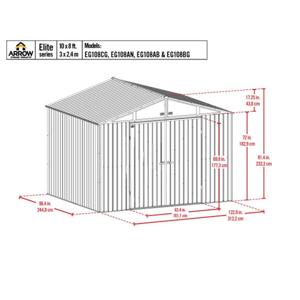 Arrow Elite 10' x 8' Steel Storage Shed - Silver