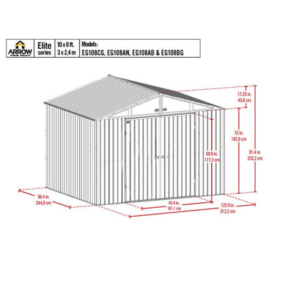 Arrow Elite 10 x 8 Steel Storage Shed - Silver