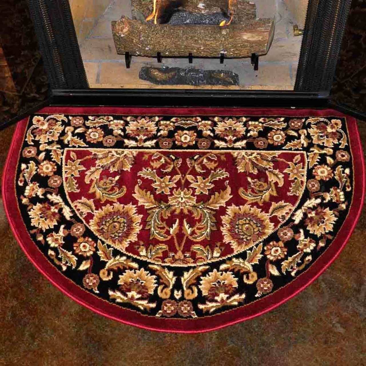 46" Half Round Red and Black Kashan Hearth Rug