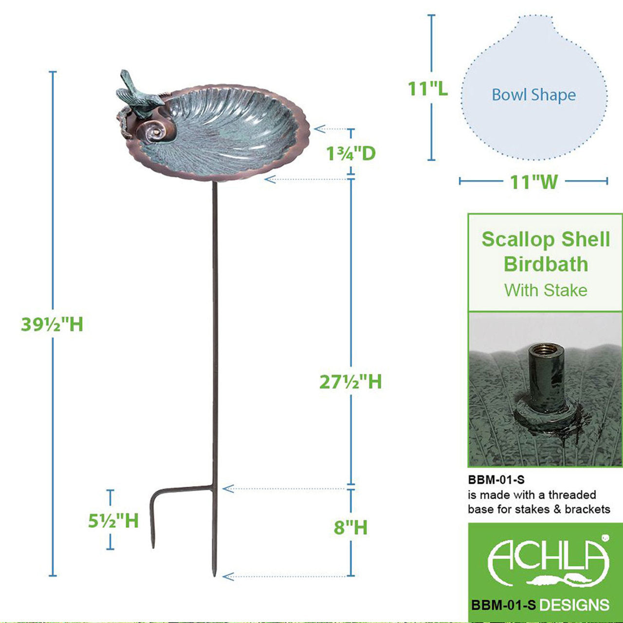 11" Scallop Shell Patina Birdbath and Feeder with Stake
