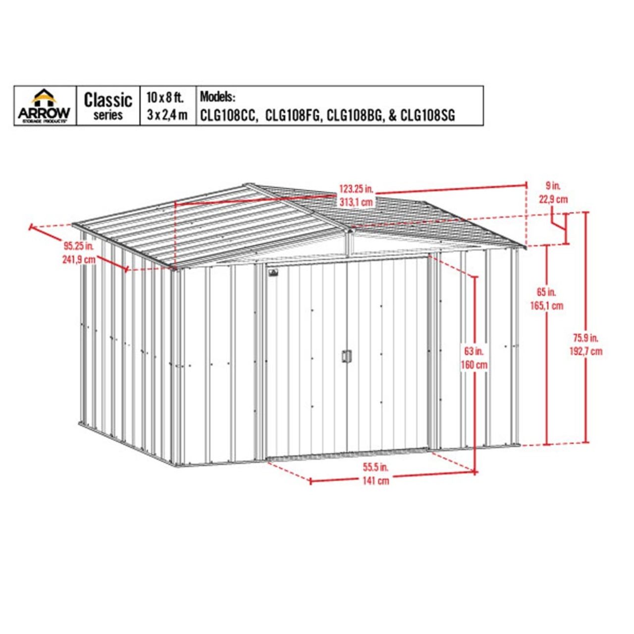 Arrow Classic Steel Storage Shed  10' x 8' Charcoal