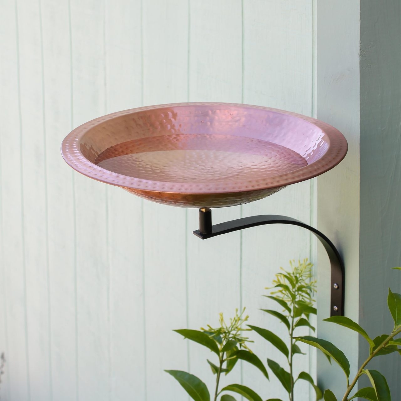 14" Solid Hammered Copper Birdbath with Wall Mount Bracket