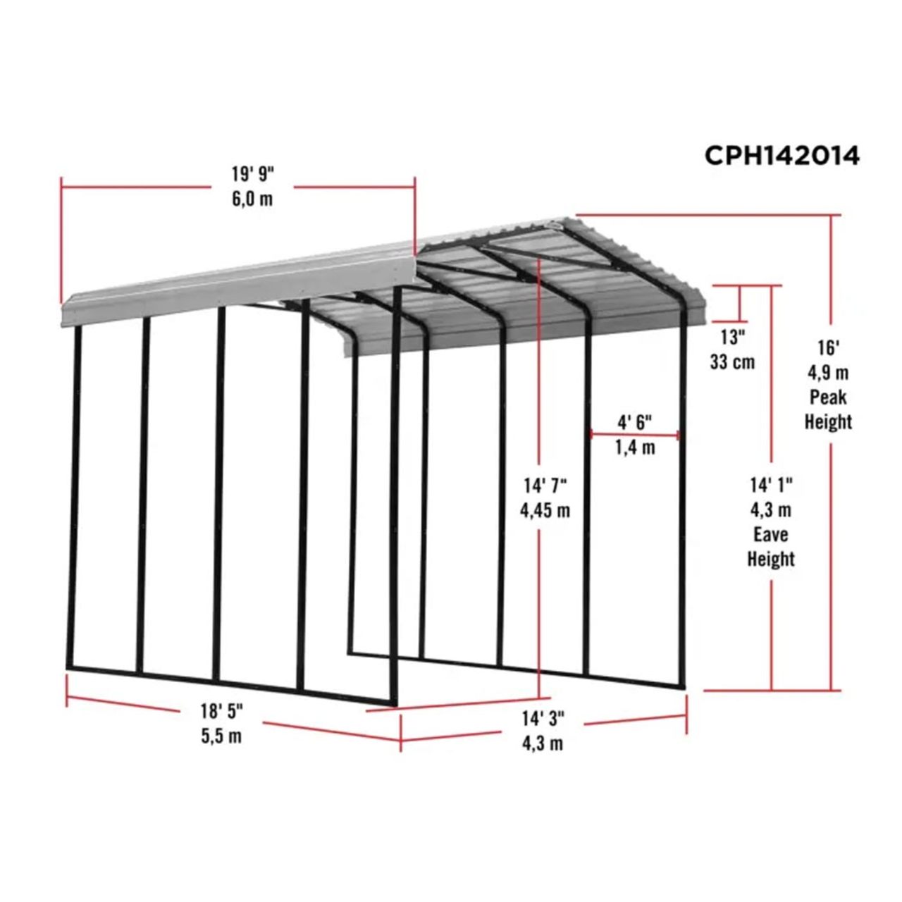 Arrow Carport 14 x 20 x 14 Ft. - Charcoal