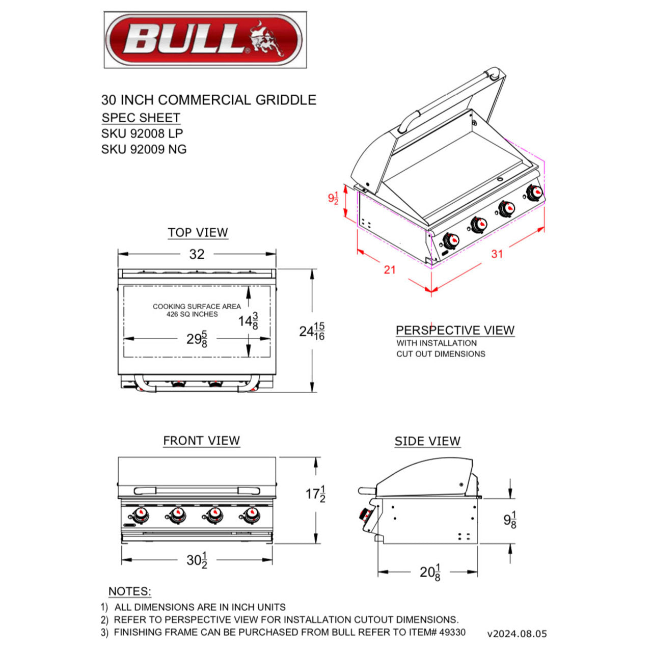 Bull 30" Professional 4-Burner Griddle Drop In - 92008-92009