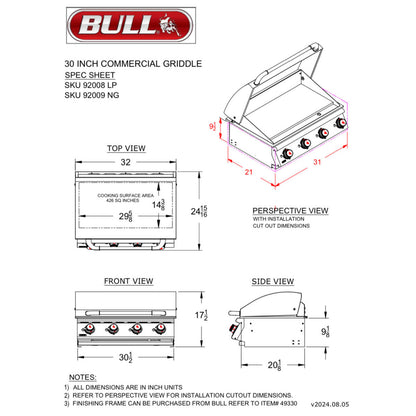 Bull 30" Professional 4-Burner Griddle Drop In - 92008-92009