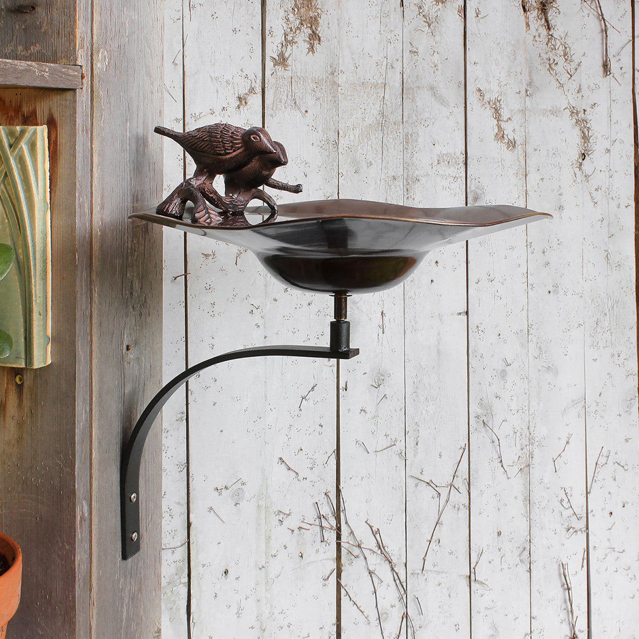 13" Antiqued Patina and Brass Bird Bath with Birds with Wall Mount Bracket