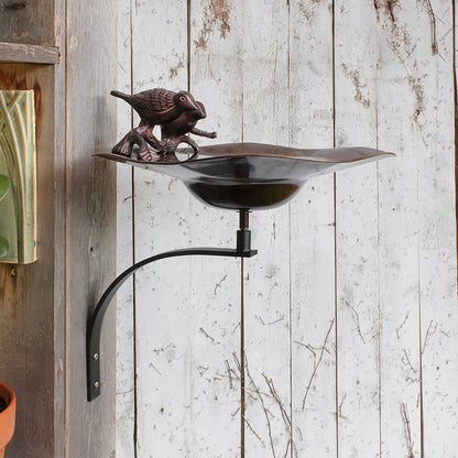 13" Antiqued Patina and Brass Bird Bath with Birds with Wall Mount Bracket