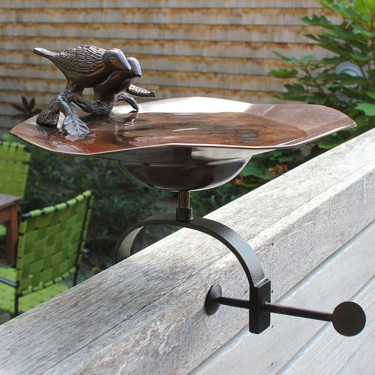 13" Antiqued Patina and Brass Bird Bath with Birds with Over Rail Bracket