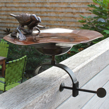 13" Antiqued Patina and Brass Bird Bath with Birds with Over Rail Bracket