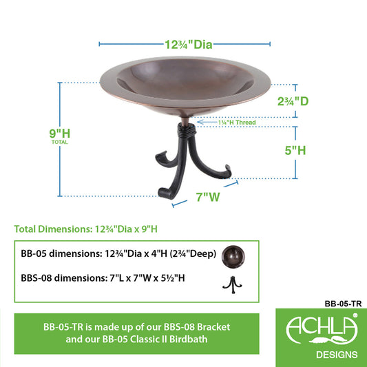 12.75" Classic Birdbath in Brass and Antique Copper with Tripod Stand