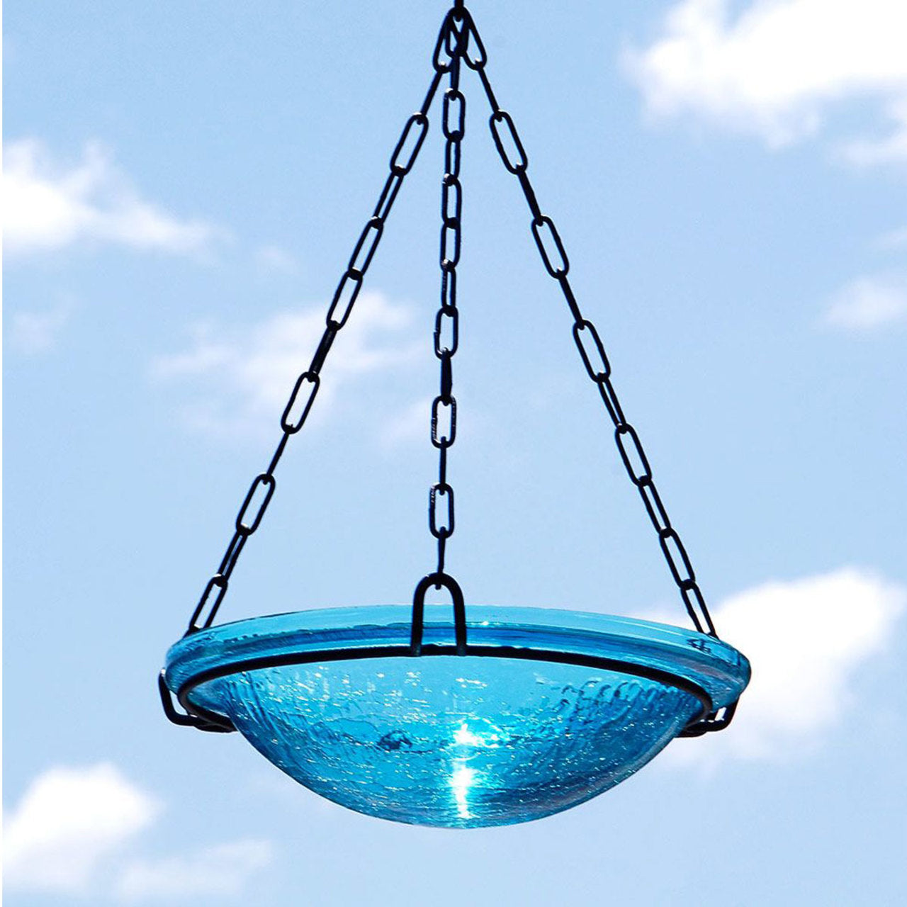 Crackle Glass Hanging Birdbath- Teal