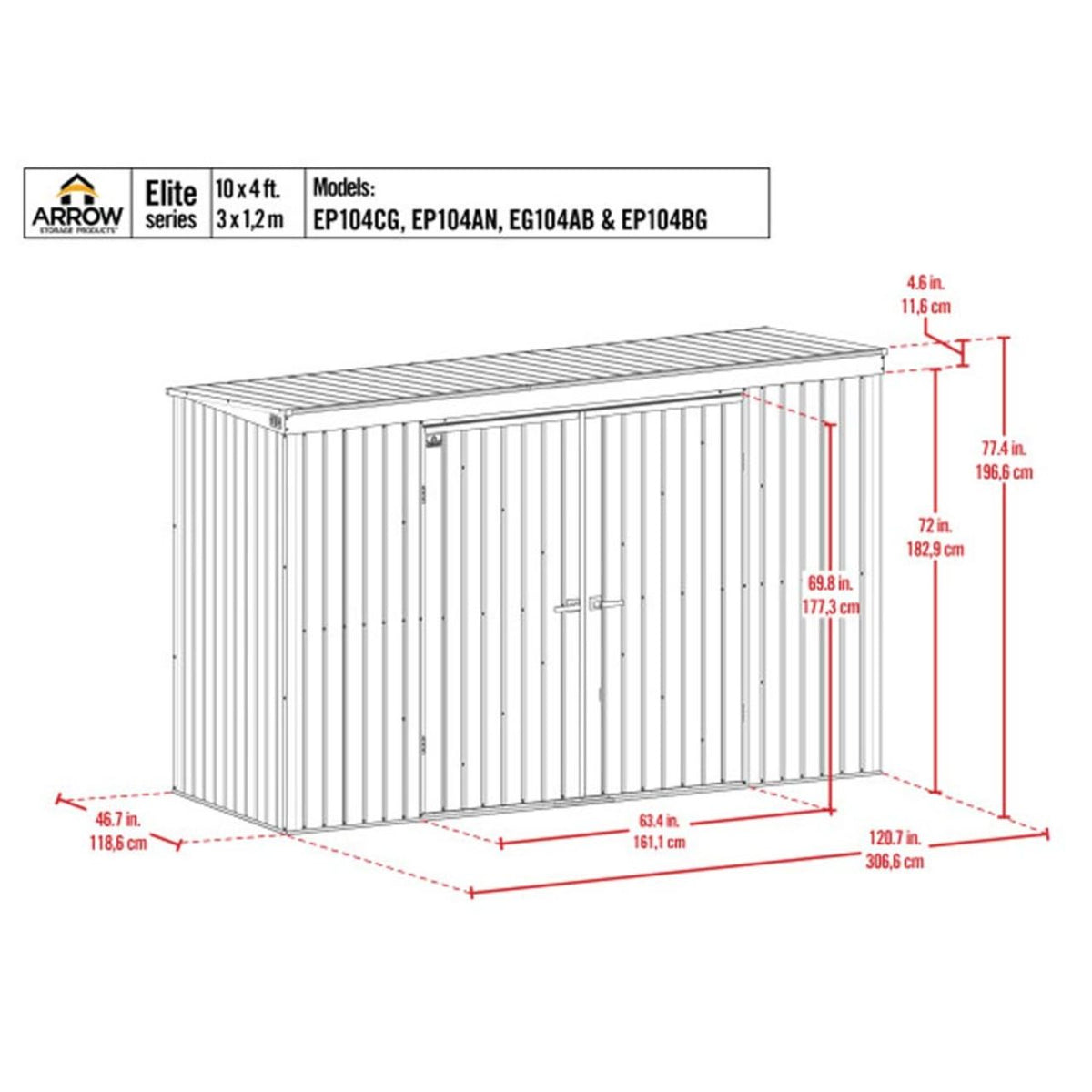 Arrow Elite 10' x 4' Steel Storage Shed - Silver