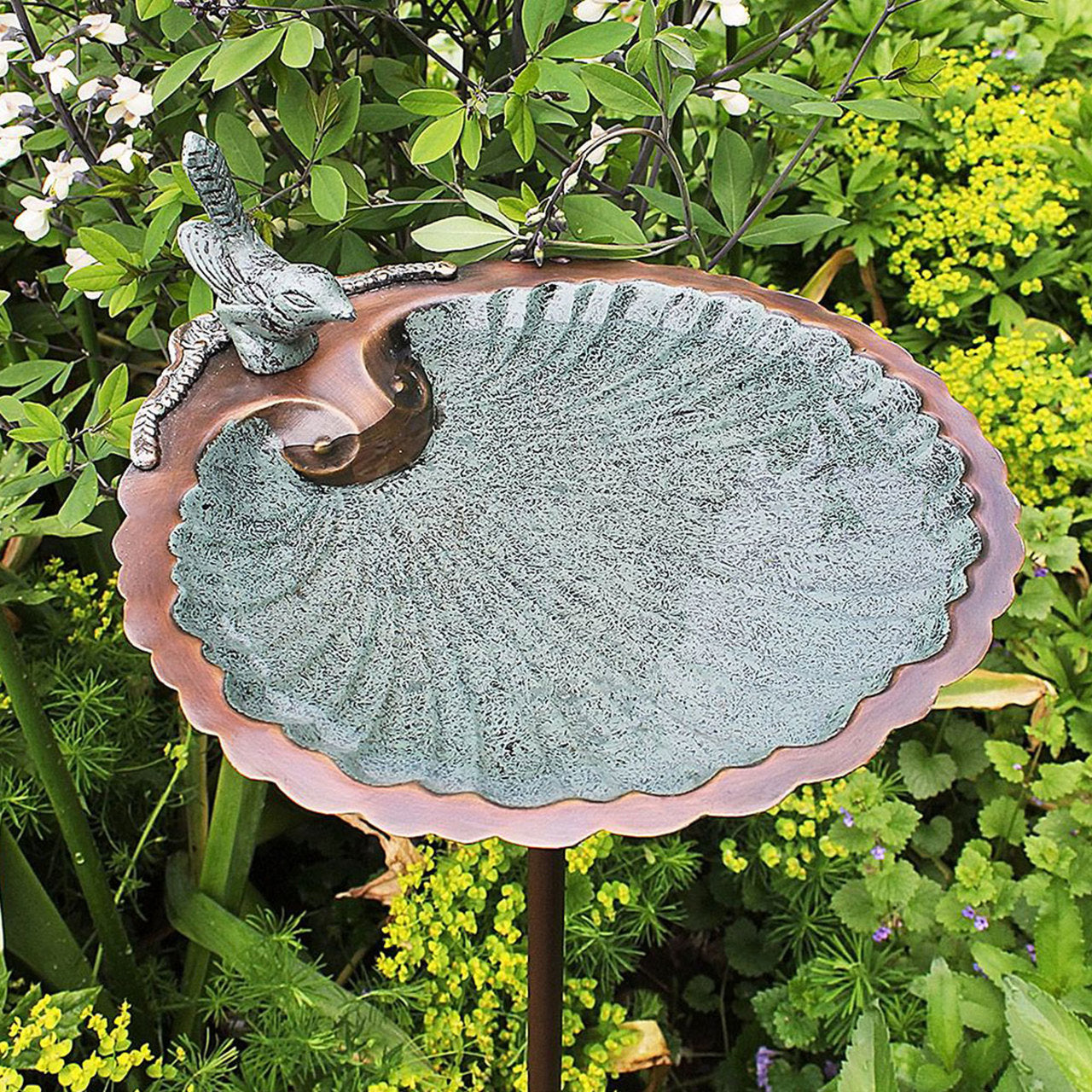 11" Scallop Shell Patina Birdbath and Feeder with Stake