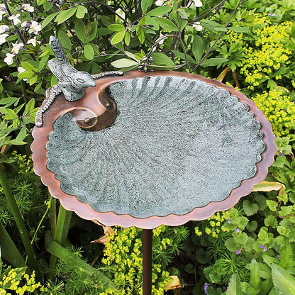 11" Scallop Shell Patina Birdbath and Feeder with Stake