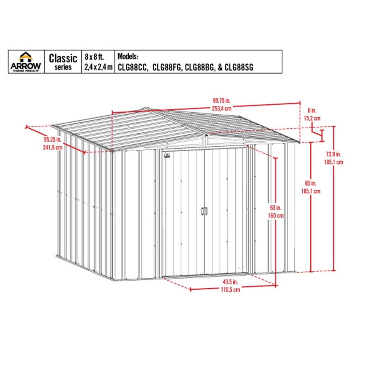 Arrow Classic Steel Storage Shed 8' x 8' Flute Gray