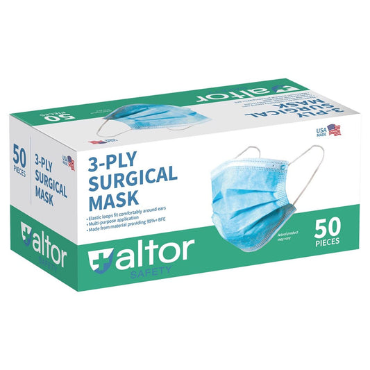Altor Safety Surgical Mask with No Nose Wire 62222NW, 3-Ply ASTM Level 2, USA Made, Blue, Box of 50