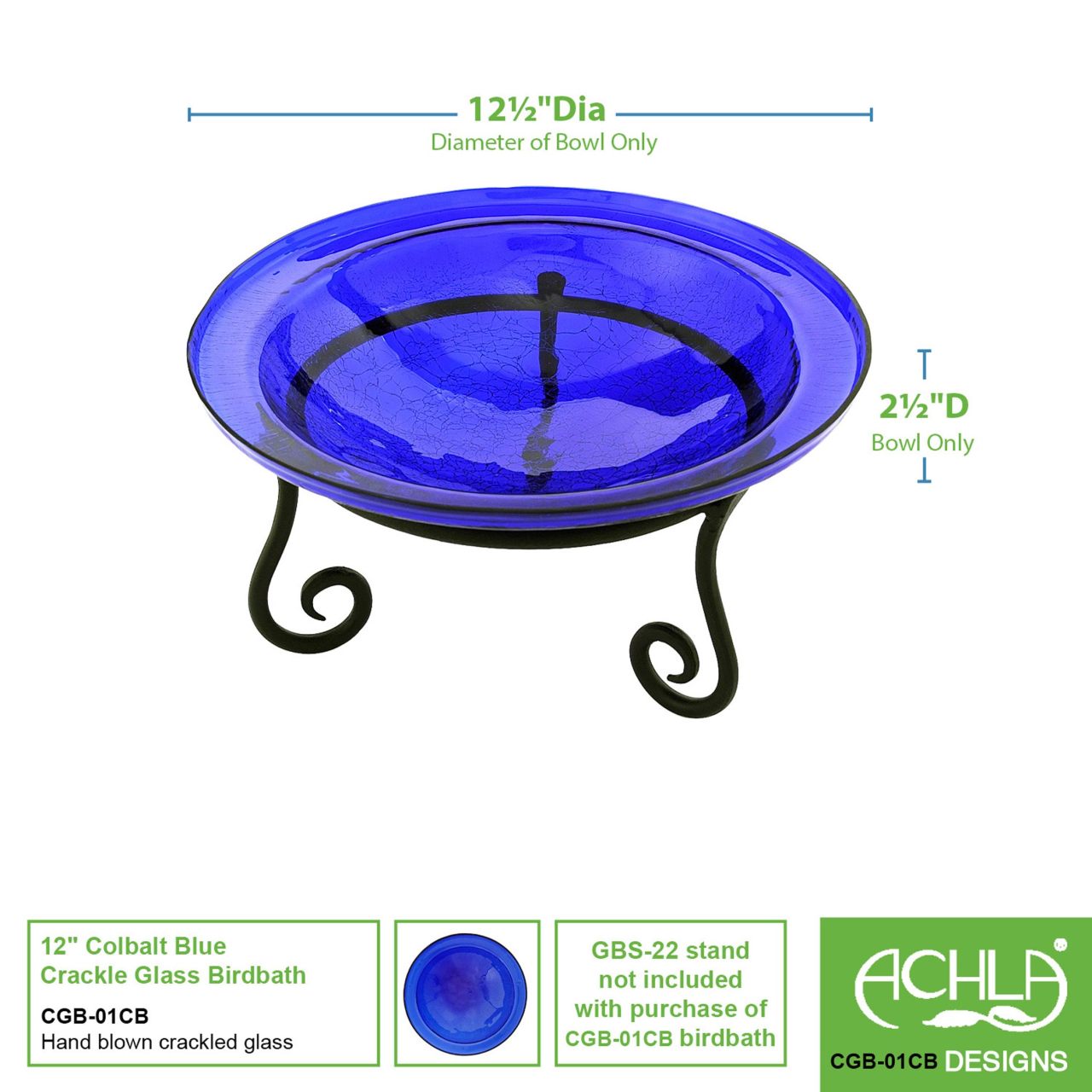 12-in. Cobalt Blue Crackle Glass Bowl Birdbath