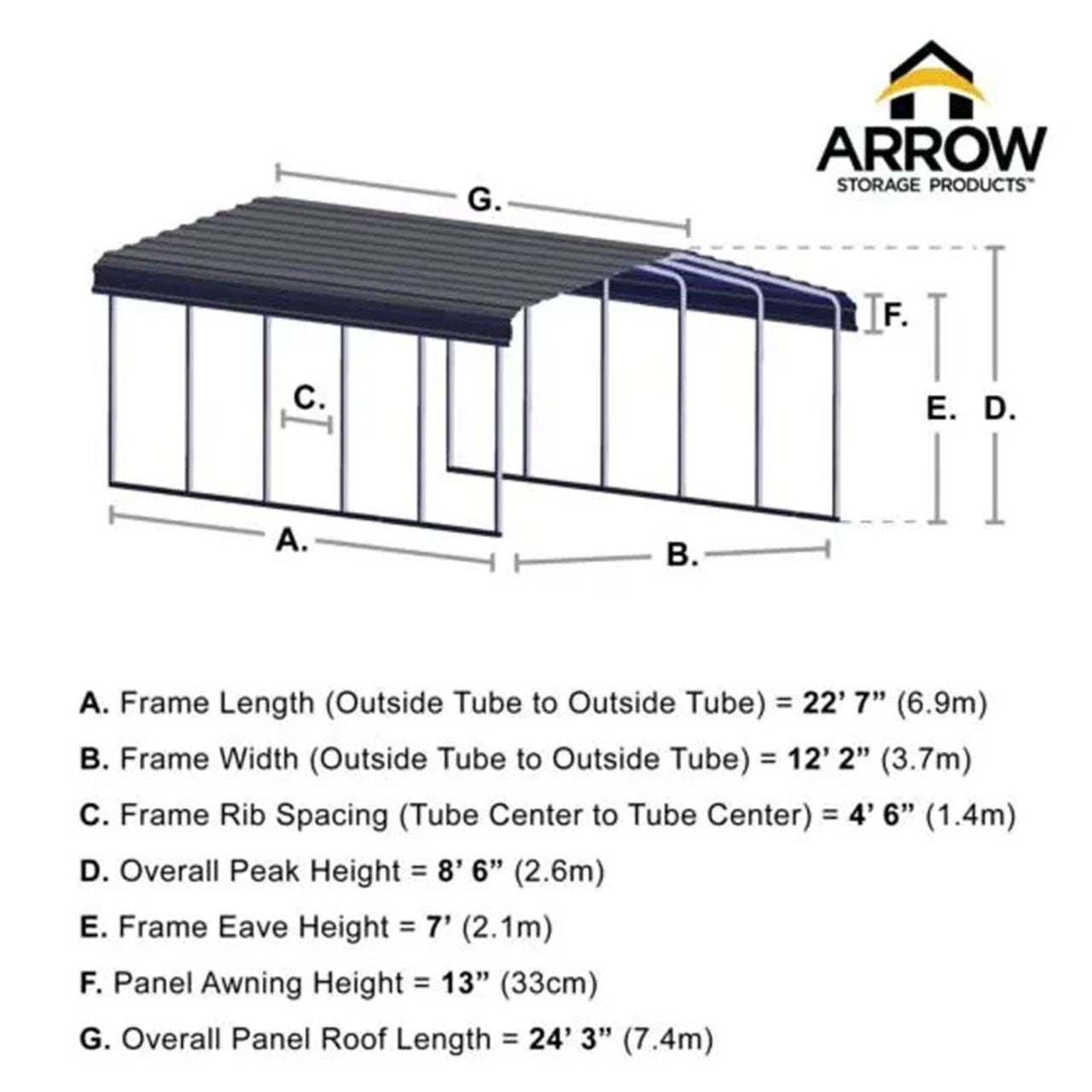 Arrow Carport 12 x 24 x 7 Ft. - Charcoal