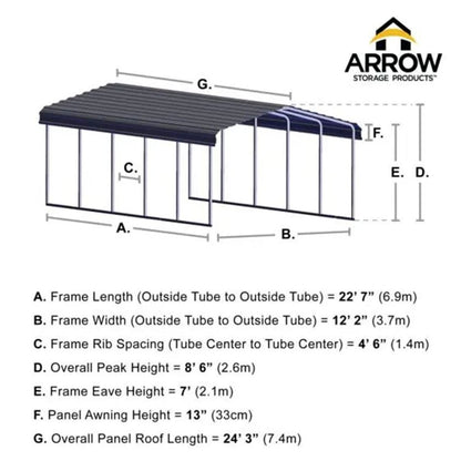 Arrow Carport 12 x 24 x 7 Ft. - Charcoal
