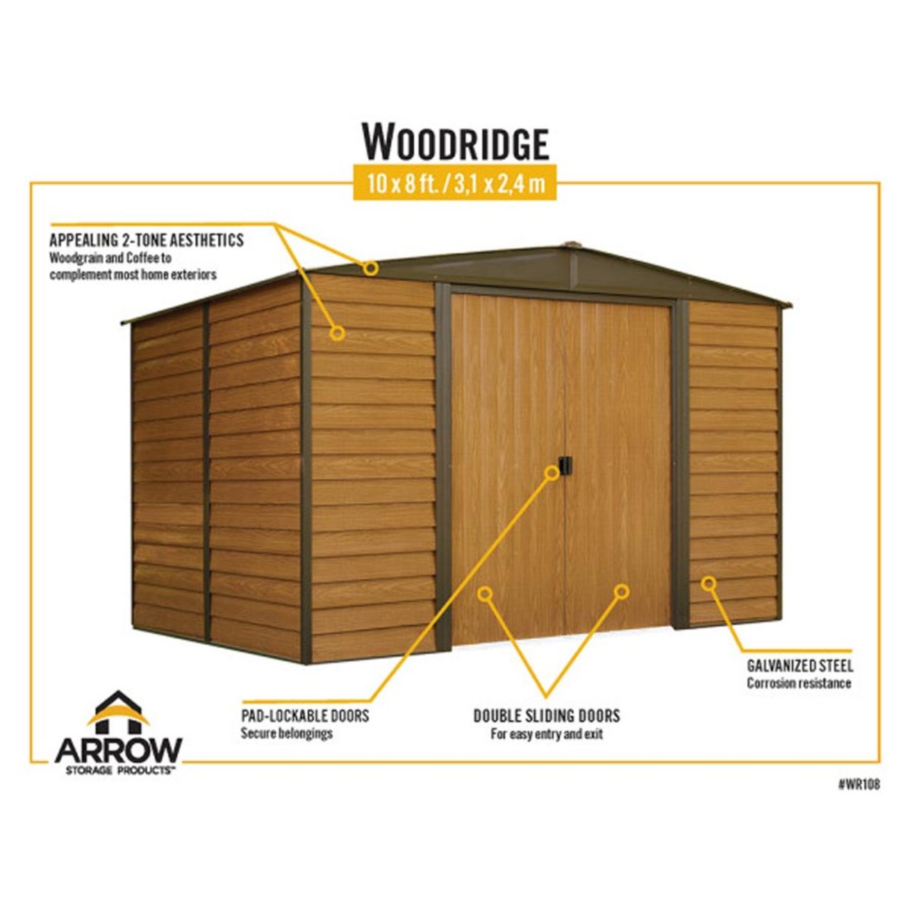 Woodridge 10' x 8' Steel Storage Shed in Coffee and Woodgrain