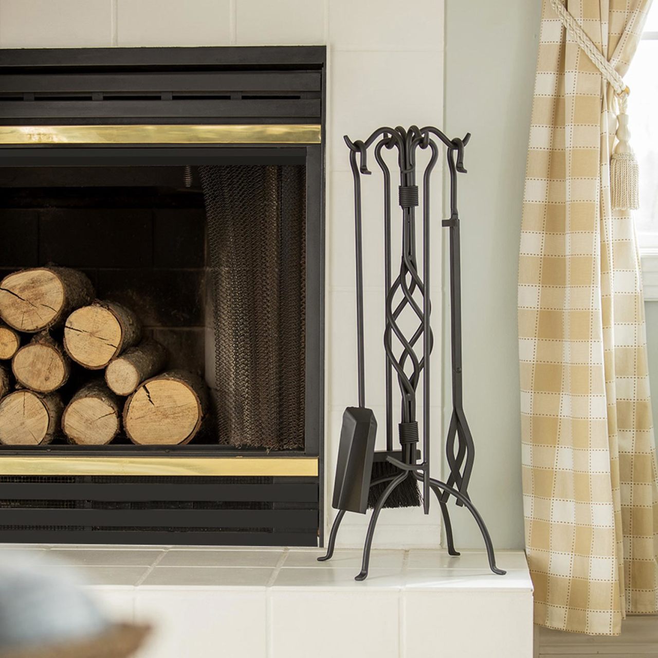 5-Piece Wrought Iron Fireset with Crook Handles in Black Finish