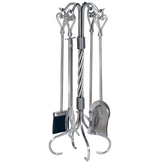 5 Piece Pewter Fireplace Tool Set with Heart Handles - F-1619