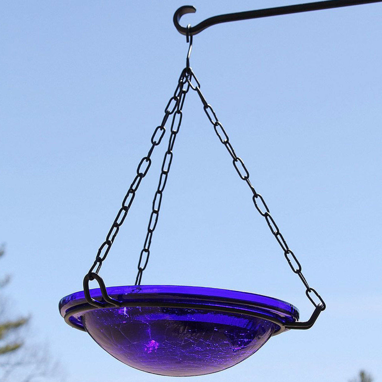12" Crackle Glass Hanging Birdbath - Cobalt Blue