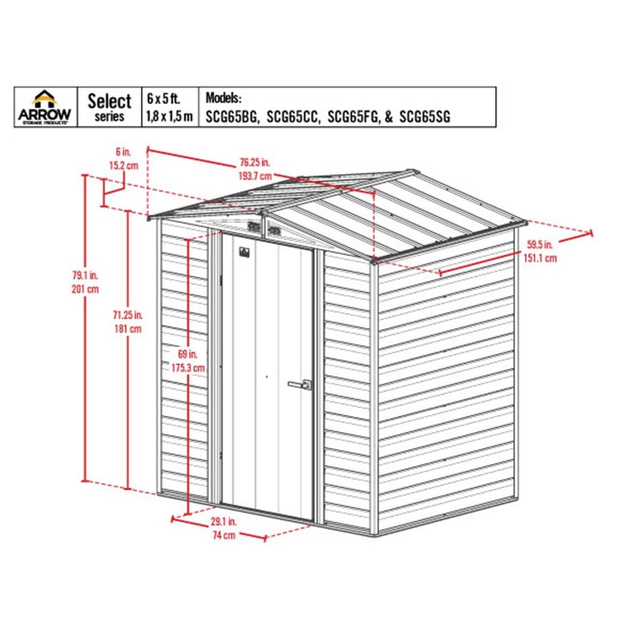 Arrow Select 6' x 5' Steel Storage Shed -  Charcoal