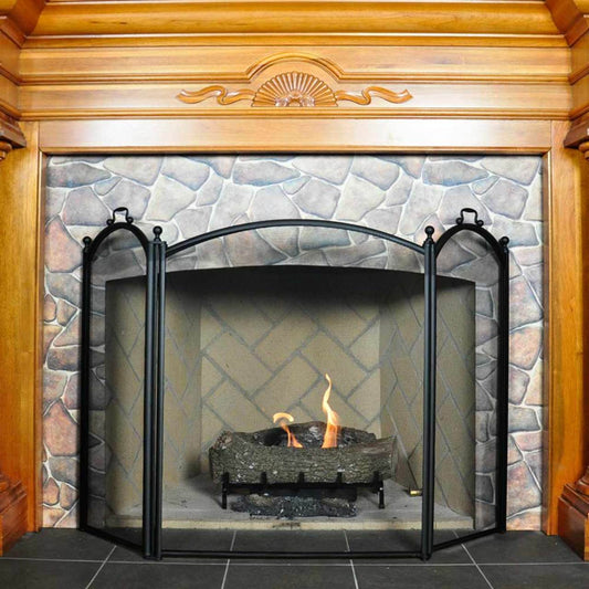 3 Fold Large Diameter Fireplace Screen - Black