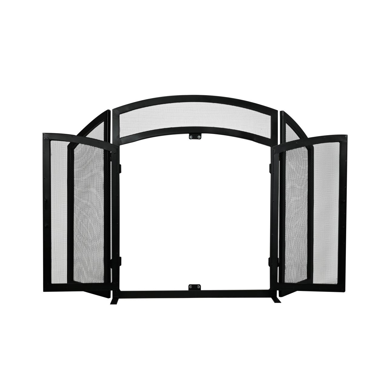 3 Panel Black Wrought Iron Arch Top Fireplace Screen with Doors