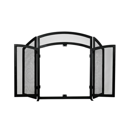 3 Panel Black Wrought Iron Arch Top Fireplace Screen with Doors