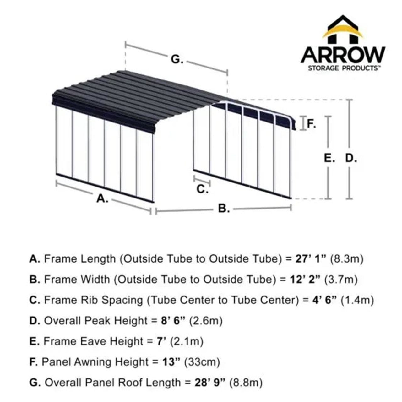 Arrow Carport 12 x 29 x 7 Ft. - Charcoal