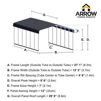 Arrow Carport 12 x 29 x 7 Ft. - Charcoal