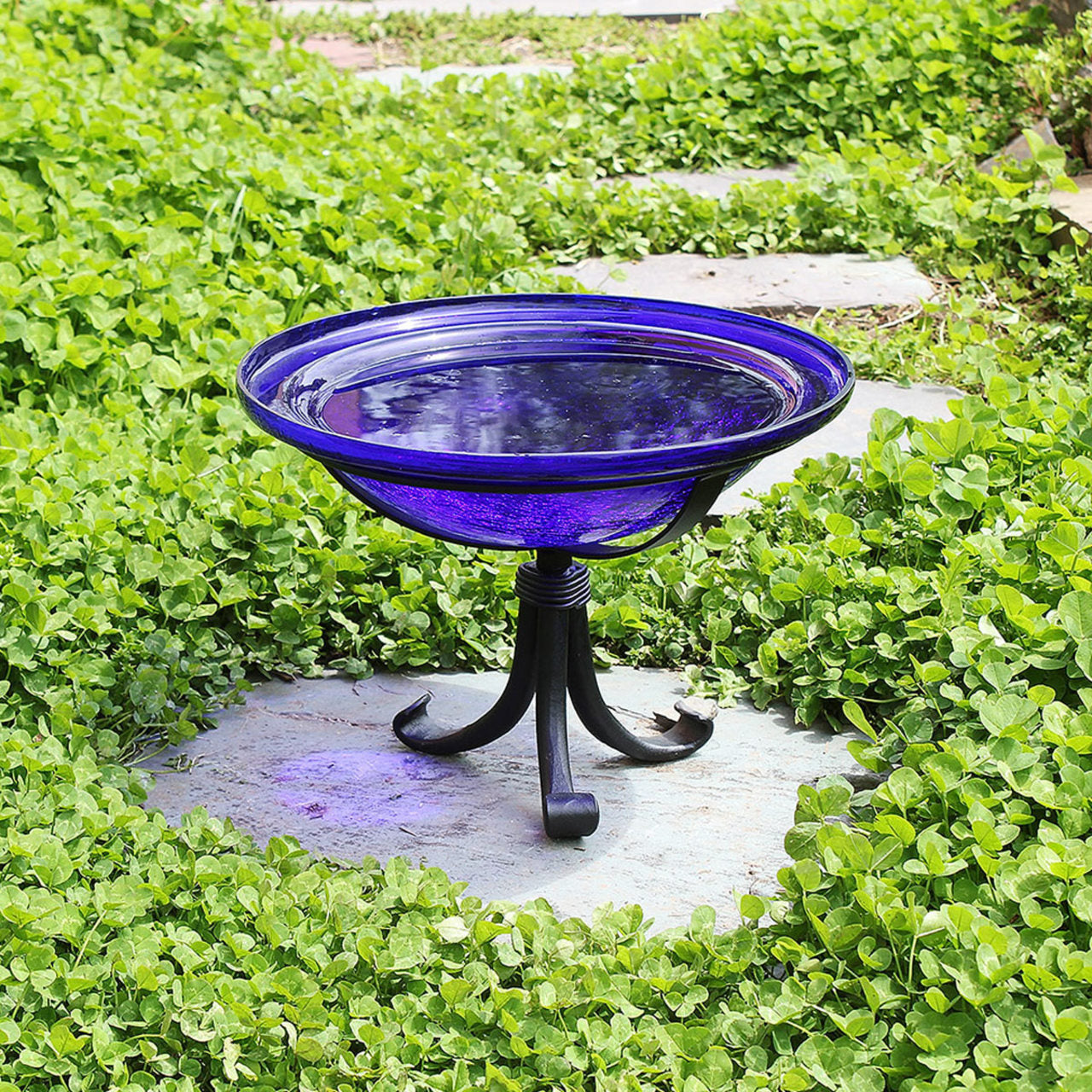 12-in. Cobalt Blue Crackle Glass Bowl Birdbath