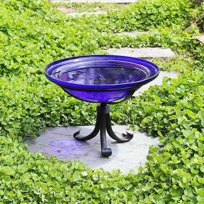 12-in. Cobalt Blue Crackle Glass Bowl Birdbath