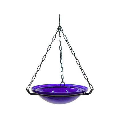 12" Crackle Glass Hanging Birdbath - Cobalt Blue