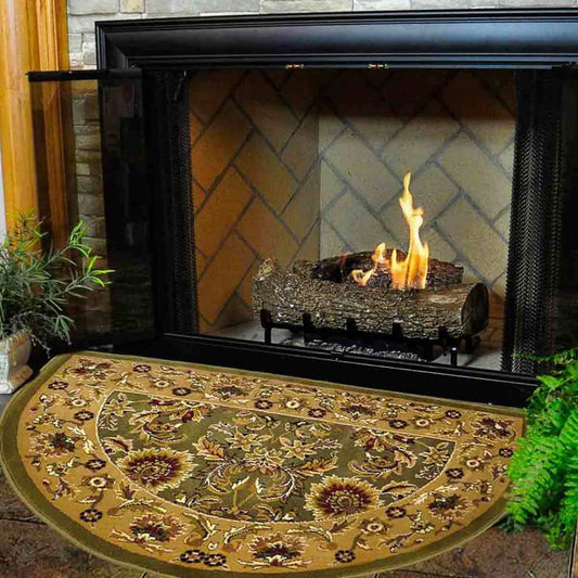 46" Half Round Green and Taupe Kashan Hearth Rug