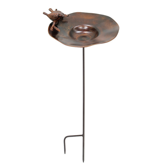 13" Antiqued Patina and Brass Bird Bath with Birds and Stake