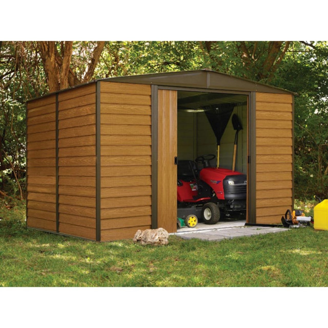 Woodridge 10' x 8' Steel Storage Shed in Coffee and Woodgrain