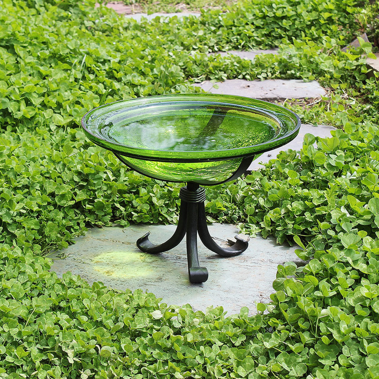 12-in. Fern Green Crackle Glass Bowl Bird Bath