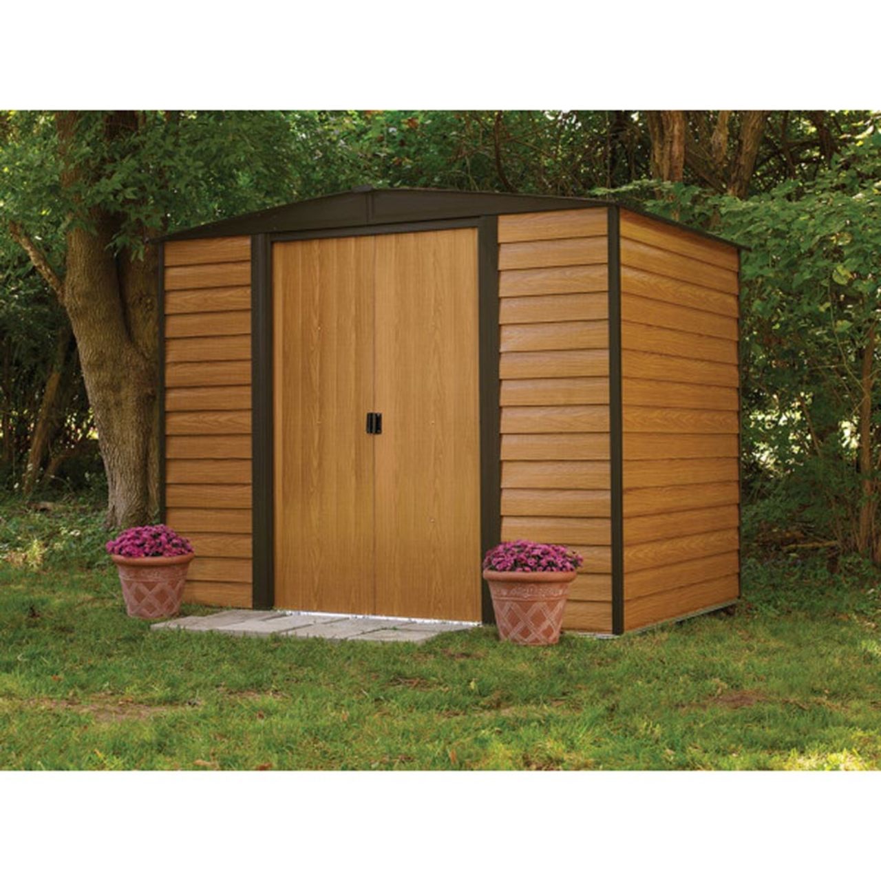 Woodridge 8' x 6' Steel Storage Shed in Coffee and Woodgrain