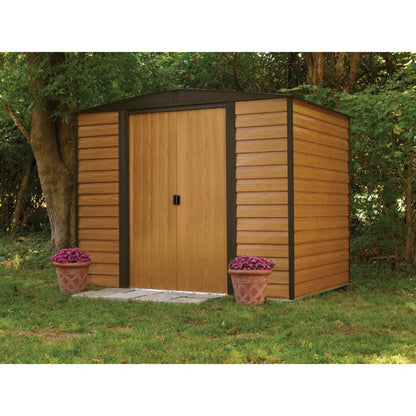 Woodridge 8' x 6' Steel Storage Shed in Coffee and Woodgrain